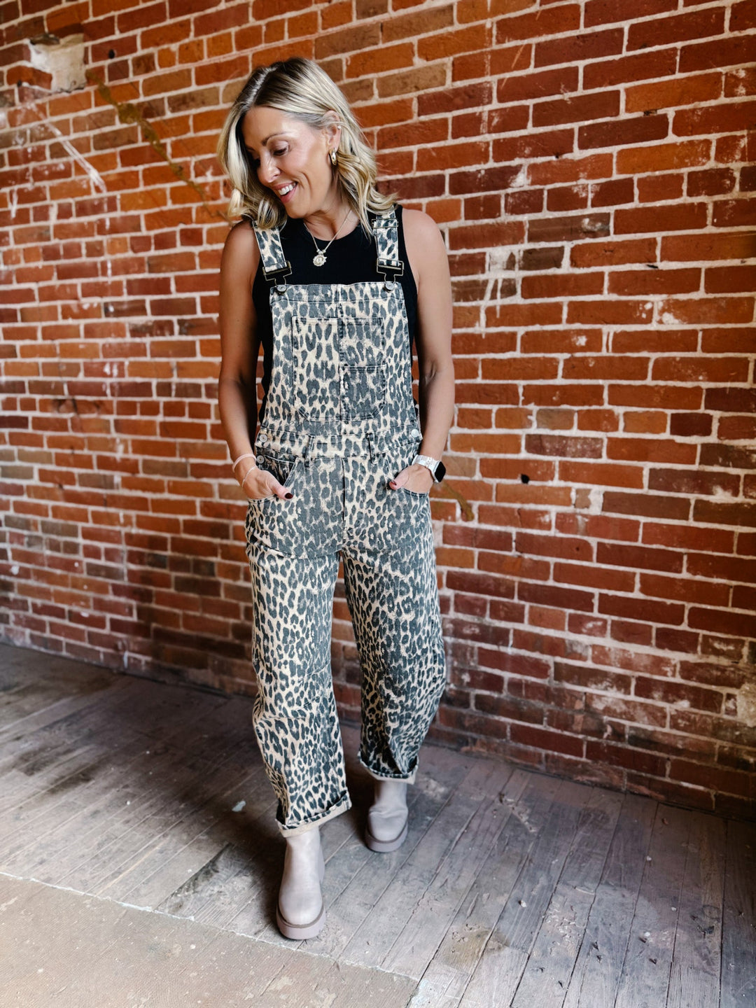 Wild Side Denim Leopard Barrel Overalls, Chestnut
