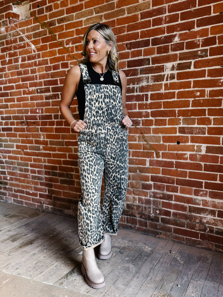 Wild Side Denim Leopard Barrel Overalls, Chestnut