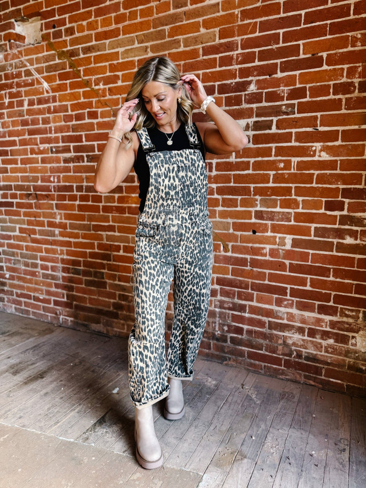 Wild Side Denim Leopard Barrel Overalls, Chestnut
