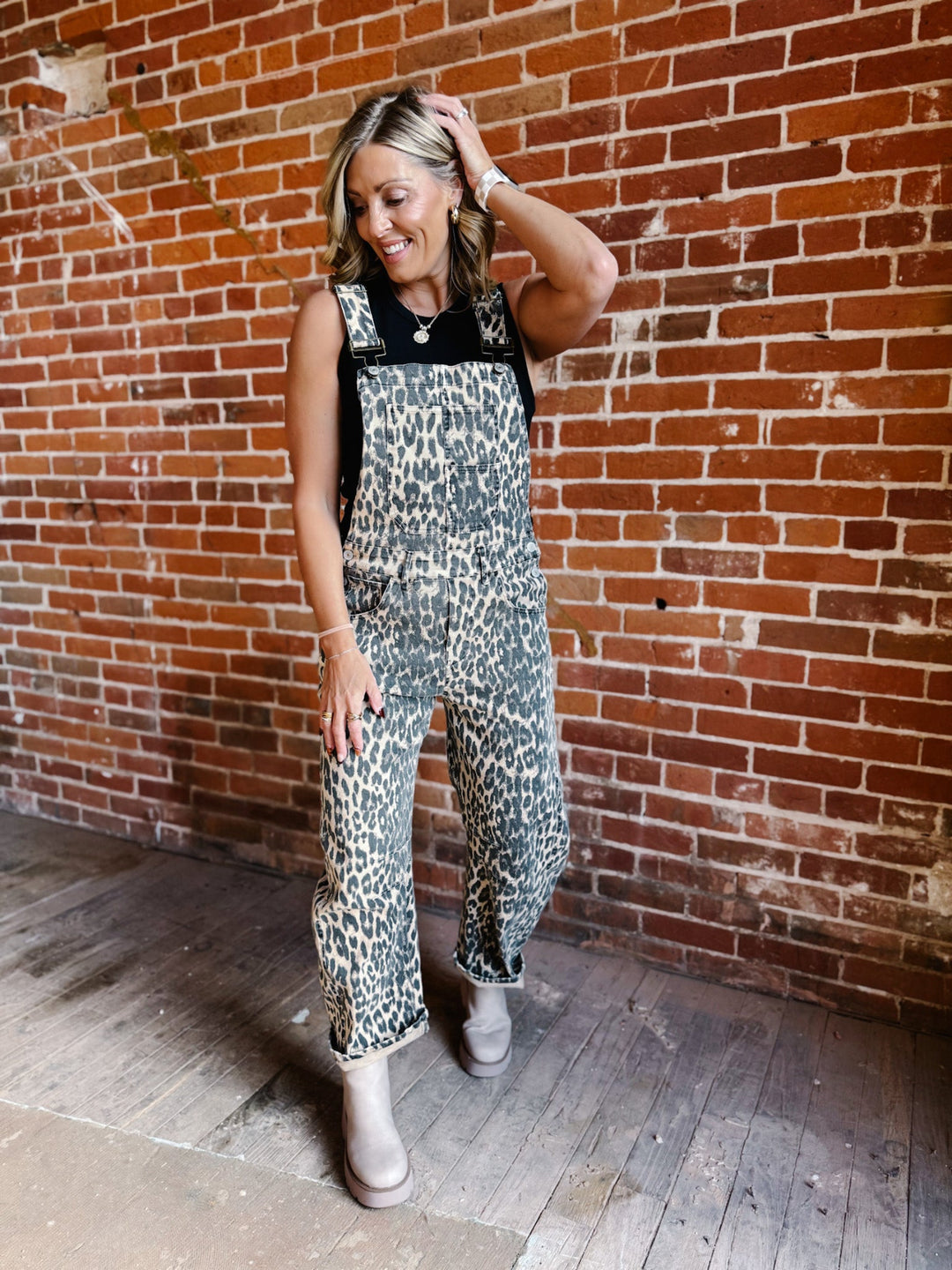 Wild Side Denim Leopard Barrel Overalls, Chestnut
