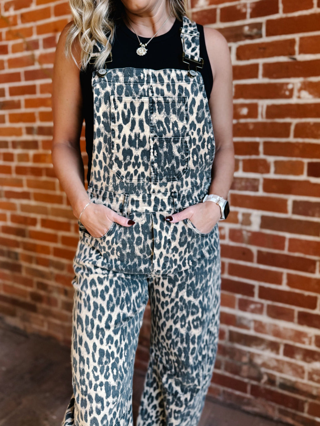 Wild Side Denim Leopard Barrel Overalls, Chestnut