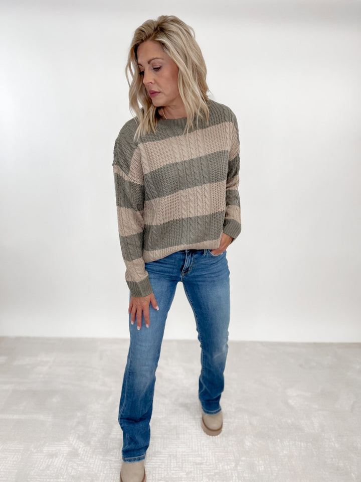 Willow Chunky Cable Knit Striped Sweater, Olive