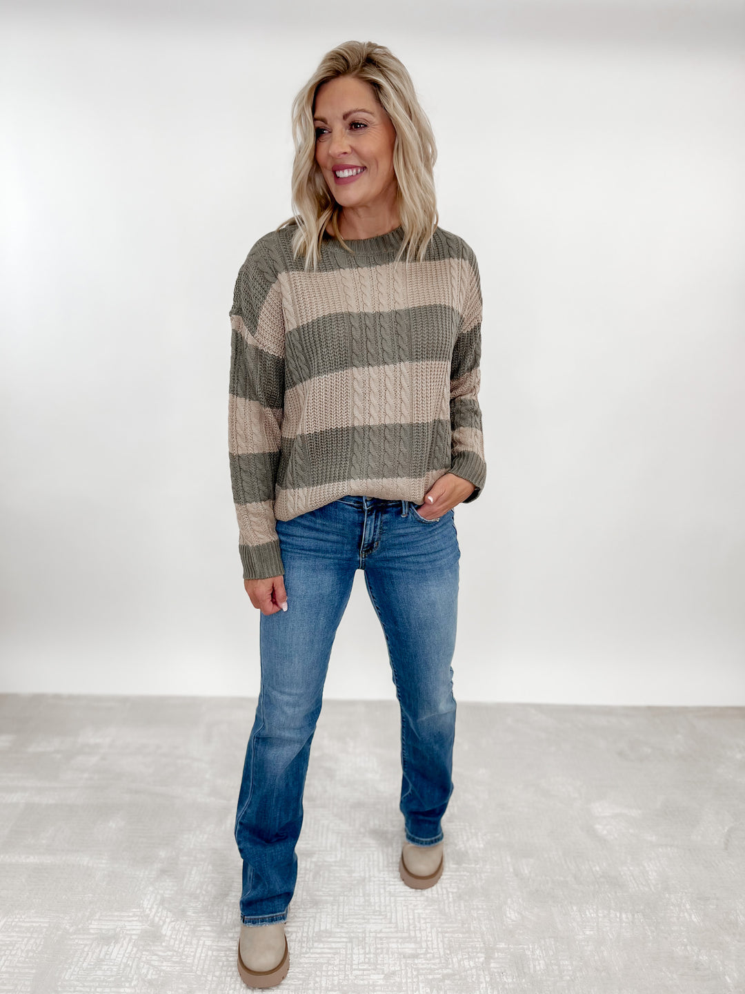 Willow Chunky Cable Knit Striped Sweater, Olive