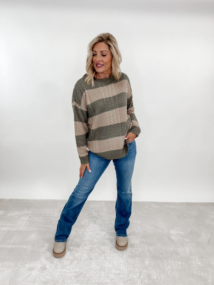 Willow Chunky Cable Knit Striped Sweater, Olive