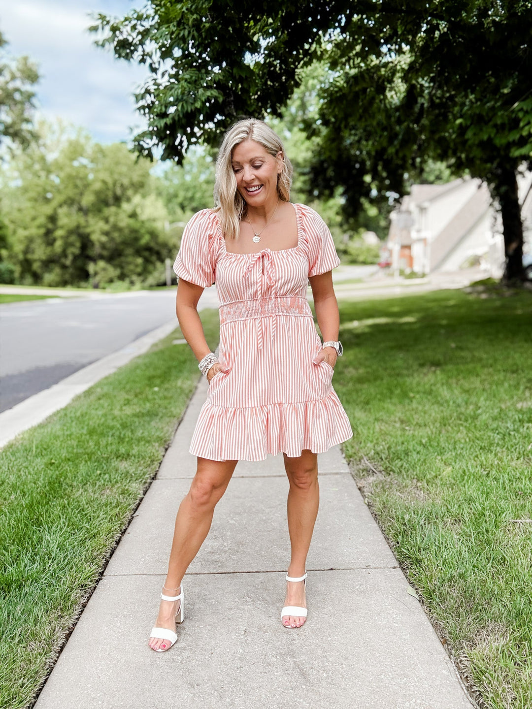 Wisteria Rushed Bust Stiped Mini Dress, Orange