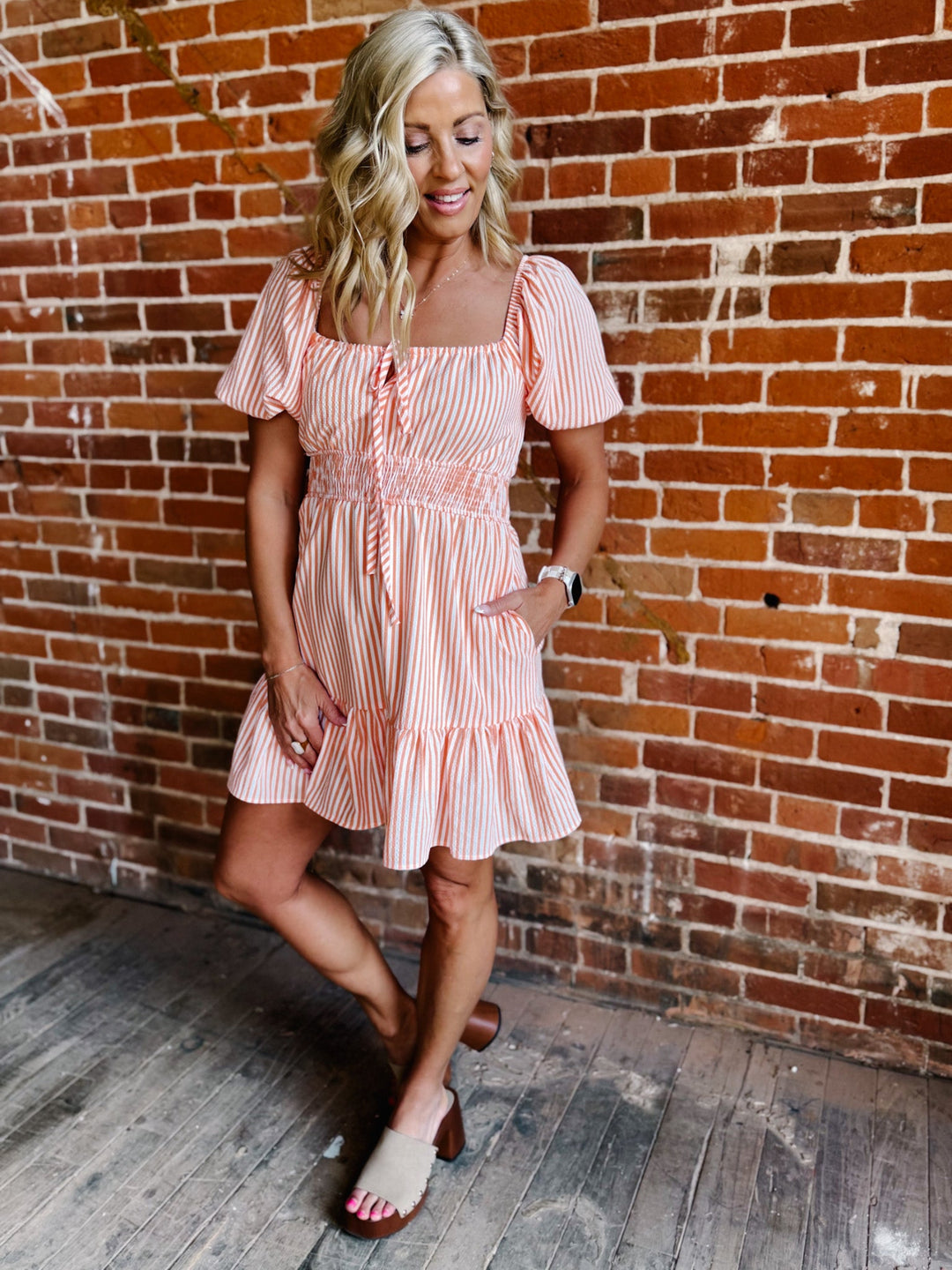 Wisteria Rushed Bust Stiped Mini Dress, Orange