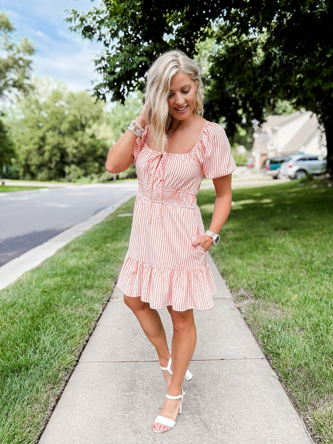 Wisteria Rushed Bust Stiped Mini Dress, Orange