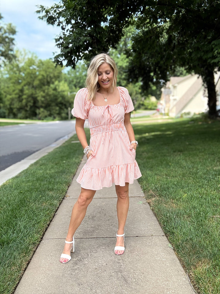 Wisteria Rushed Bust Stiped Mini Dress, Orange