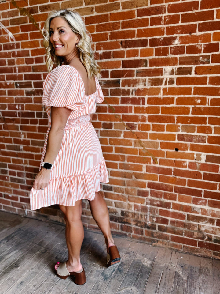 Wisteria Rushed Bust Stiped Mini Dress, Orange