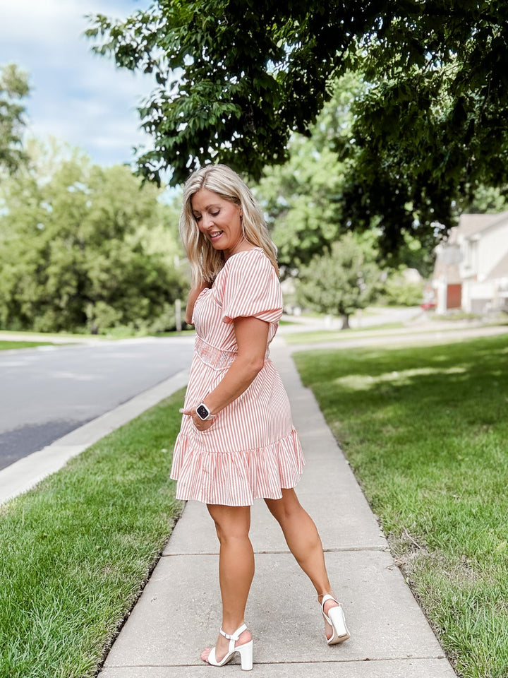 Wisteria Rushed Bust Stiped Mini Dress, Orange