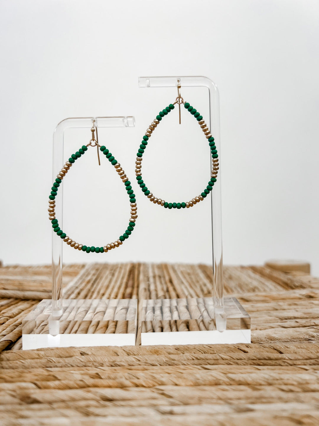 Wood & Metal Teardrop Earrings, Emerald Green