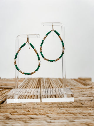 Wood & Metal Teardrop Earrings, Emerald Green