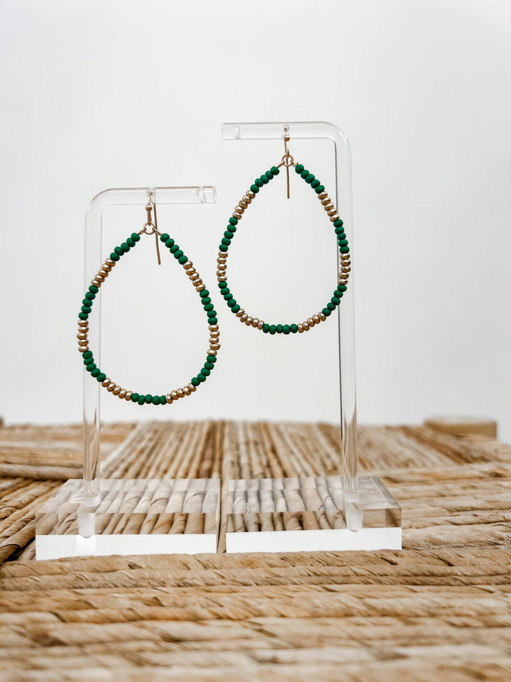 Wood & Metal Teardrop Earrings, Emerald Green