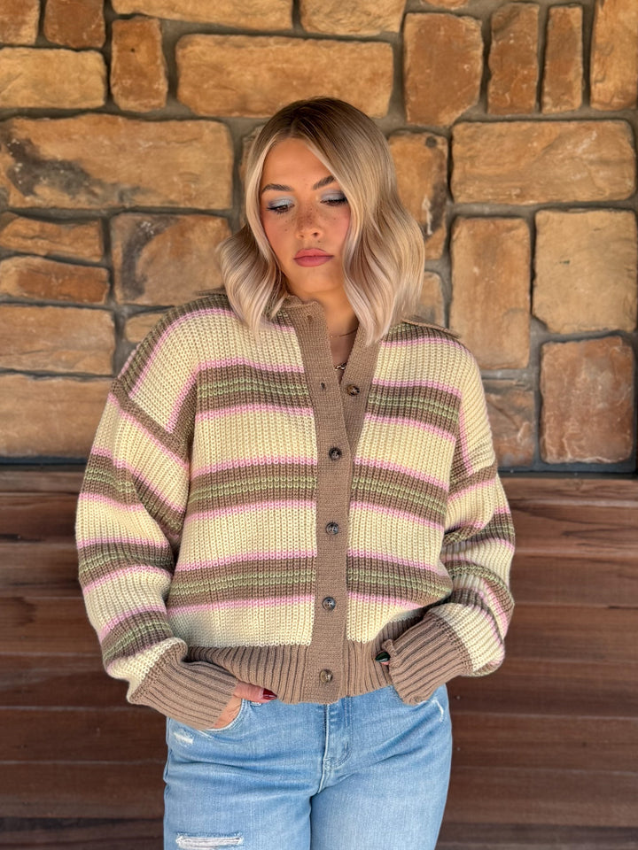 Woodland Harvest Stripe Cardigan, Butter/Mocha