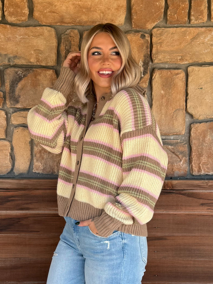 Woodland Harvest Stripe Cardigan, Butter/Mocha