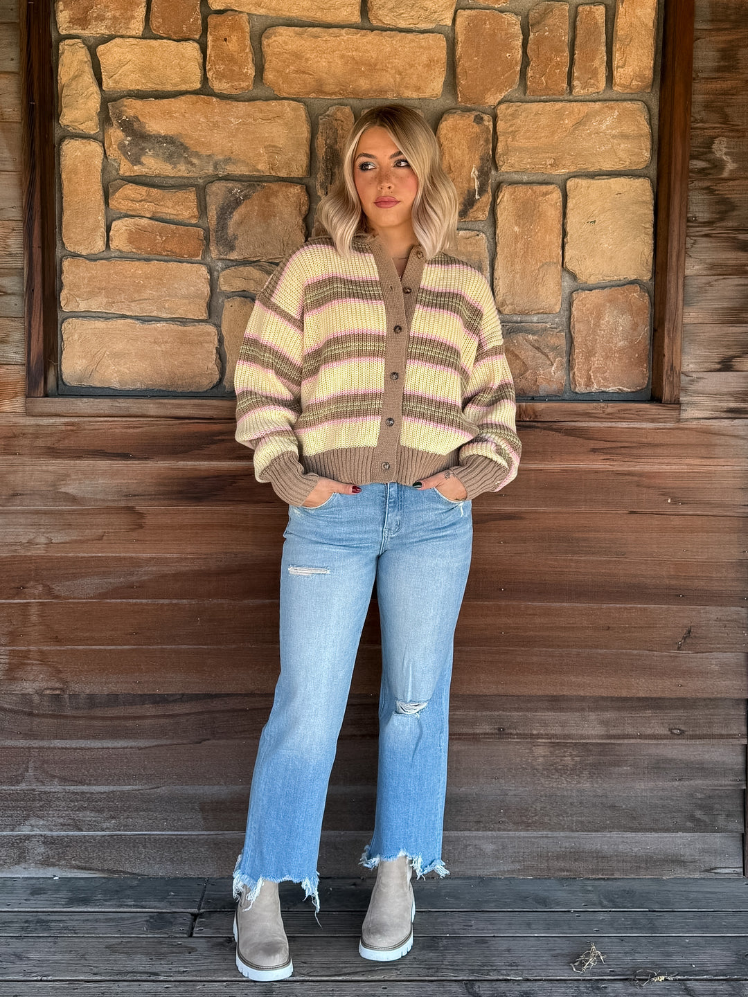 Woodland Harvest Stripe Cardigan, Butter/Mocha