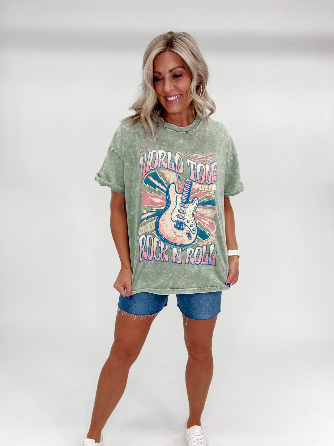 World Tour Rock and Roll Graphic Tee, Washed Green