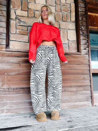 A woman stands on a wooden porch in front of a stone and wood wall, wearing a bright red cropped long-sleeve sweater and black-and-white zebra print wide-leg pants with tan boots.