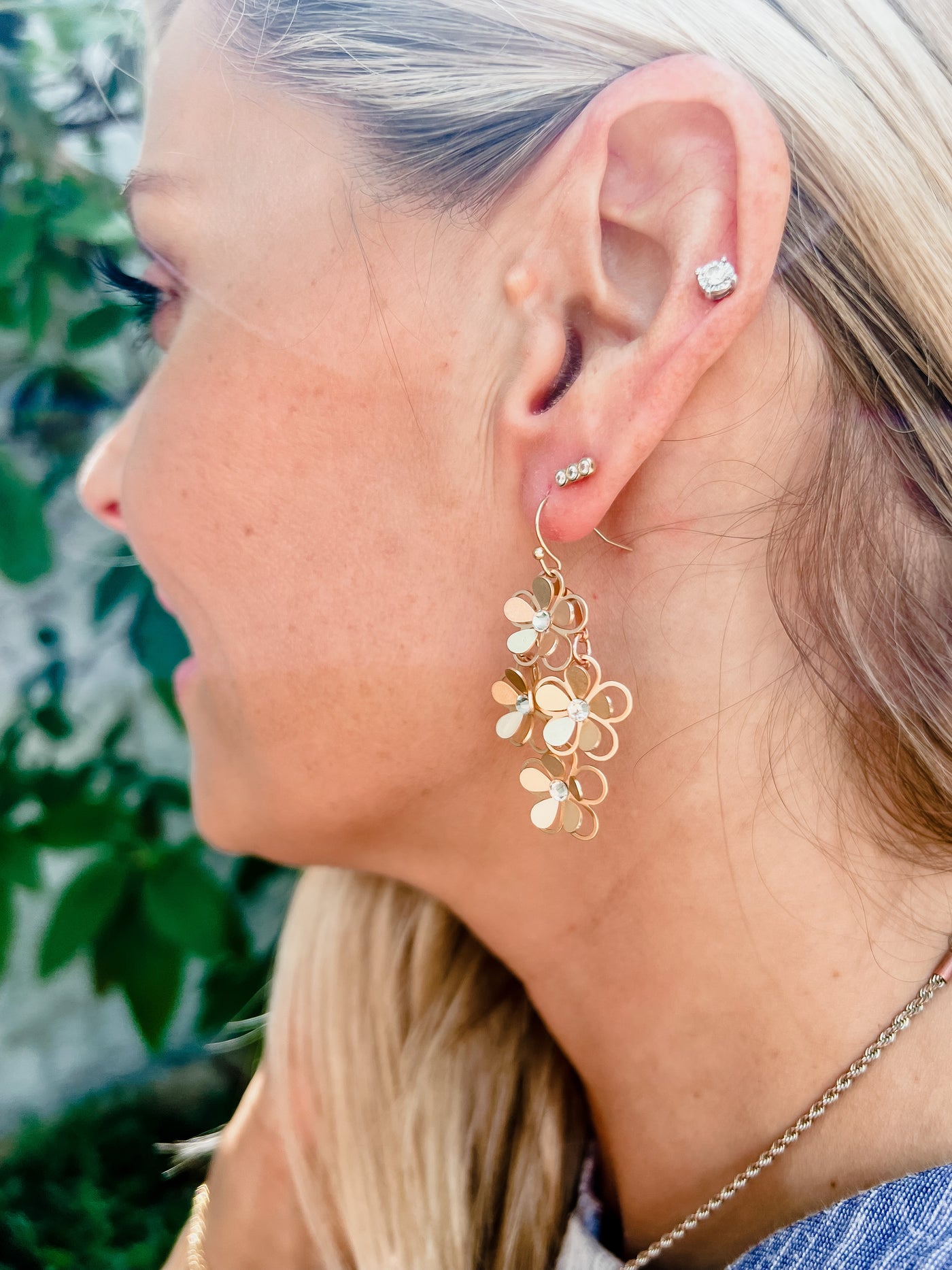Diamond Shape Drop Flower Shape Earrings, Gold