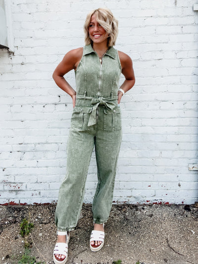 You Know Who Collared Denim Jumpsuit, Olive