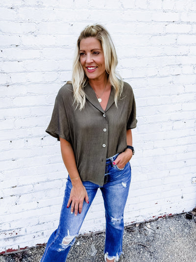 Sweet Escape Short Sleeve Button Up Top, Olive