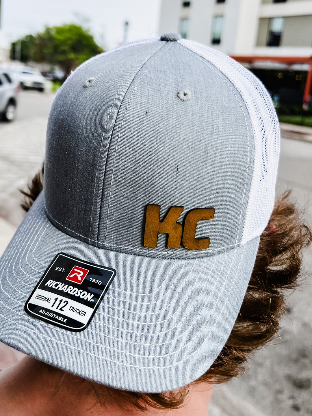 KC Leather Patch Hat, Heather Grey with White Mesh