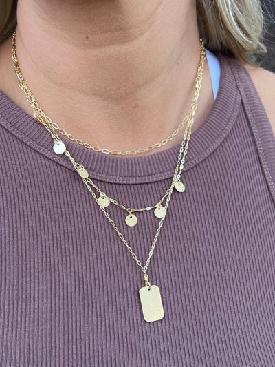 Triple Layered Necklace with Disc and Rectangle Pendant, Gold
