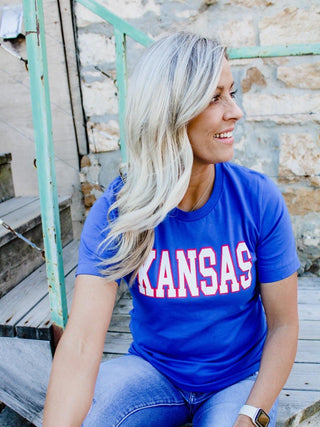 Distressed Kansas Outline Graphic Tee, True Royal