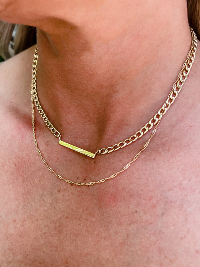 Straighten Up Double Layer Necklace with Bar Accent, Gold