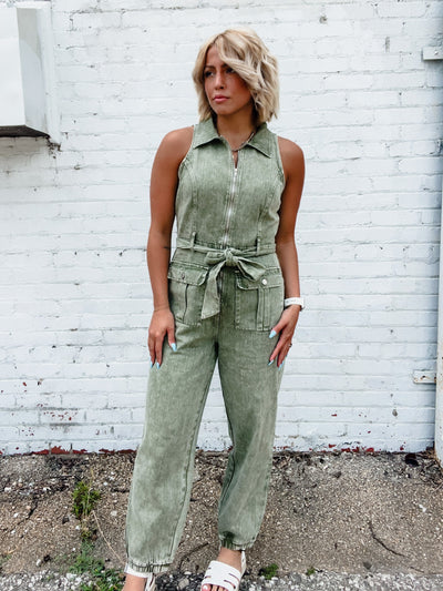You Know Who Collared Denim Jumpsuit, Olive