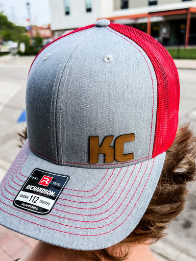 KC Leather Patch Hat, Heather Grey with Red Mesh