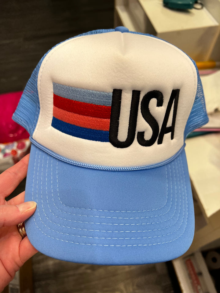 Embroidered USA Stripes Foam Trucker Hat, Blue