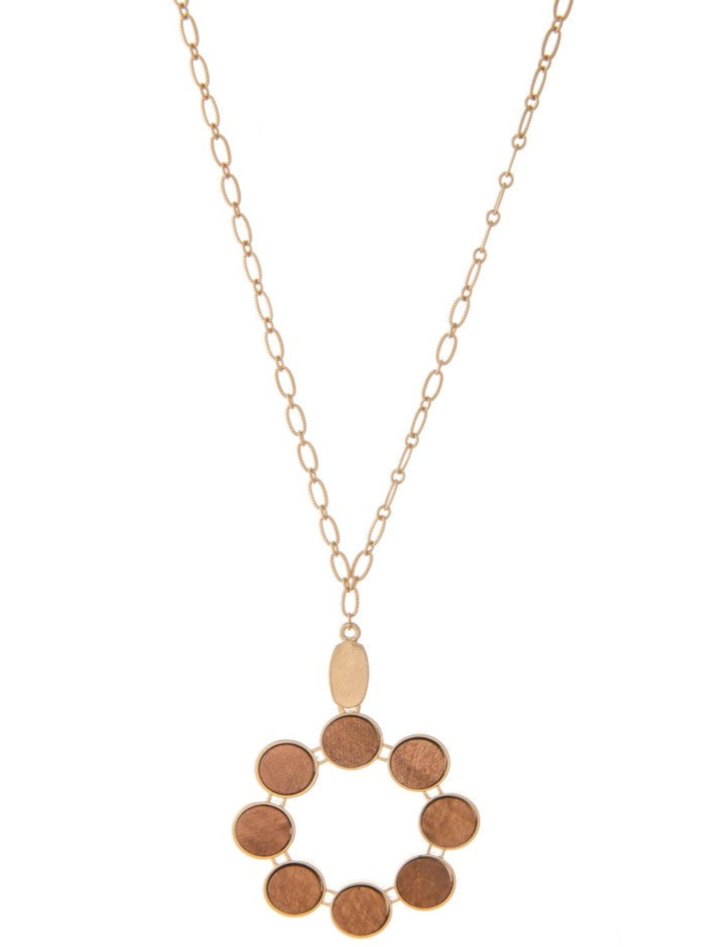 Metal Encased Wooden Circular Pendant Long Necklace, Light Brown