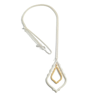 Teardrop Shaped Pendant Long Necklace, Silver and Gold Combo