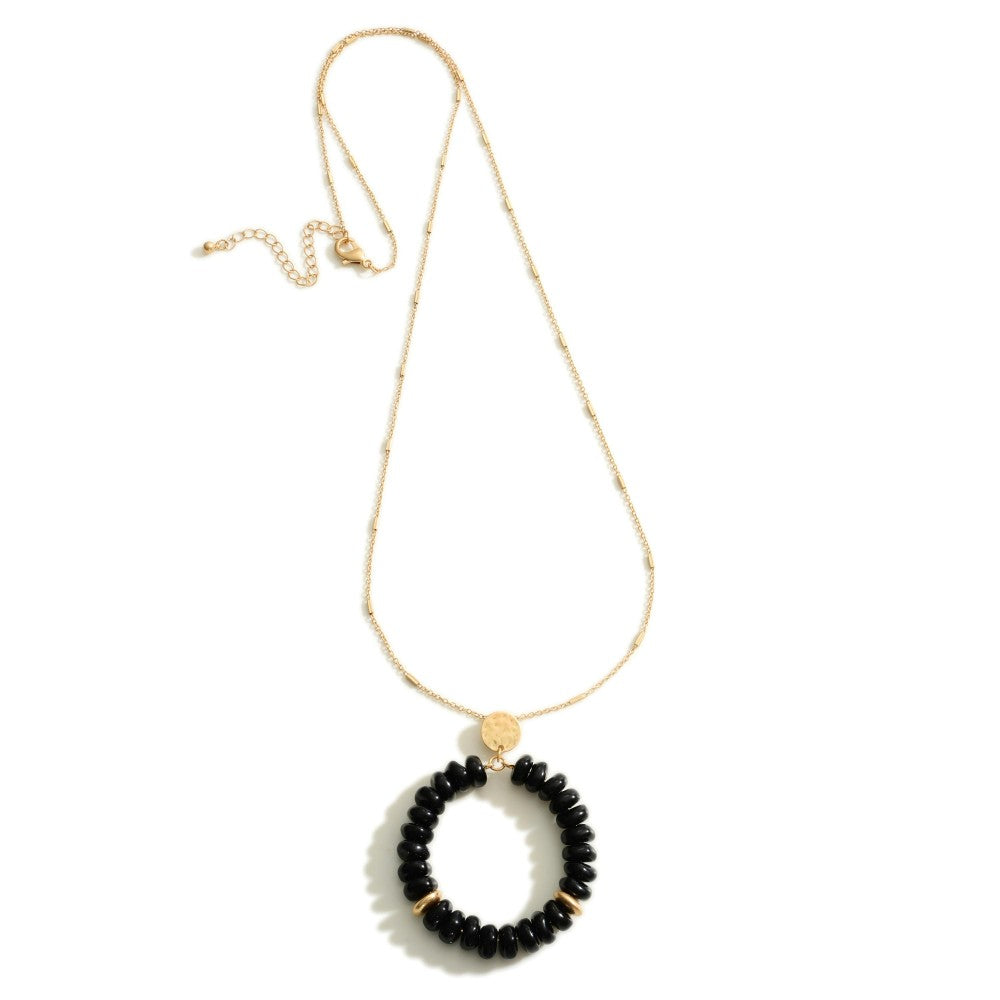 Circular Beaded Pendant Long Necklace, Black