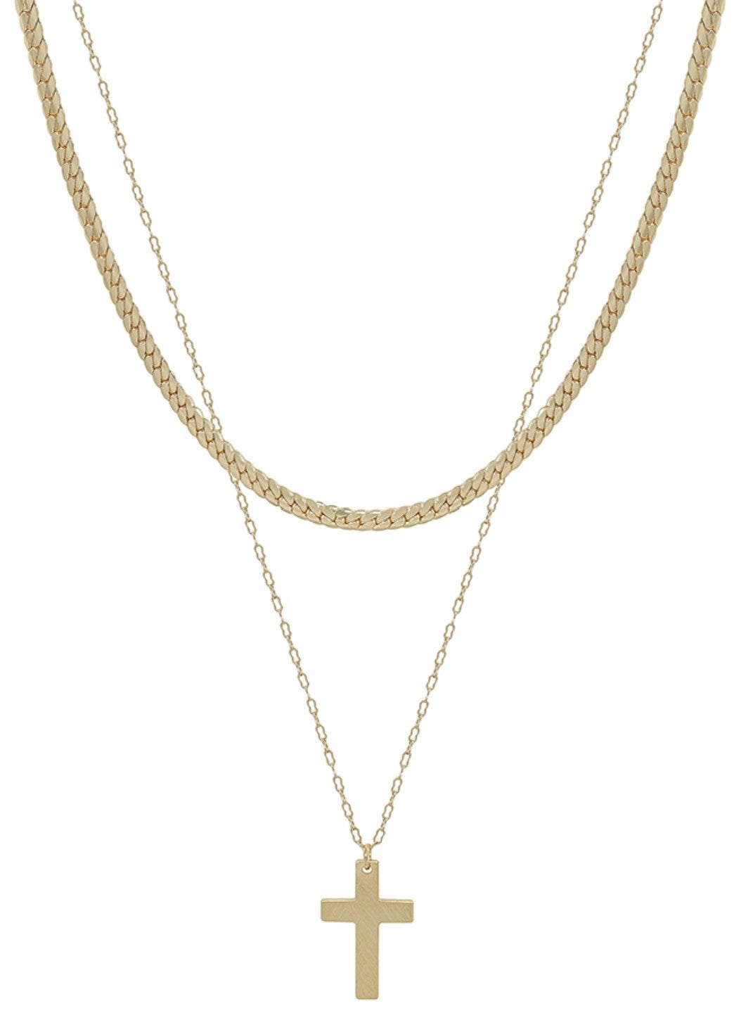 Rise Up Double Layered Snake Chain and Cross Pendant Necklace. Gold