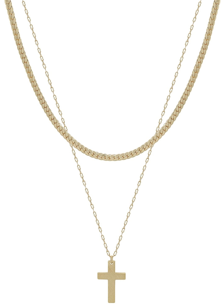 Rise Up Double Layered Snake Chain and Cross Pendant Necklace. Gold