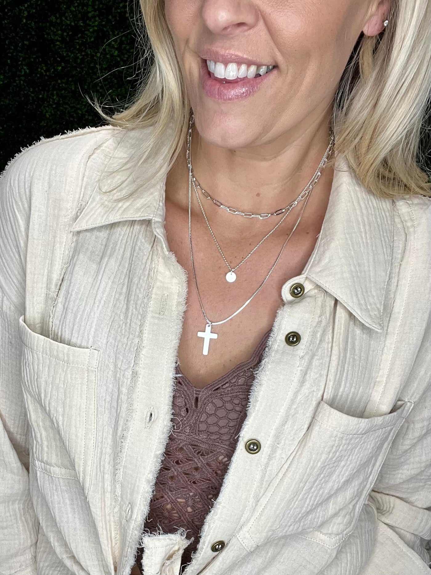 For the Love Cross Detailed Triple Layered Chain Necklace, Matte Silver