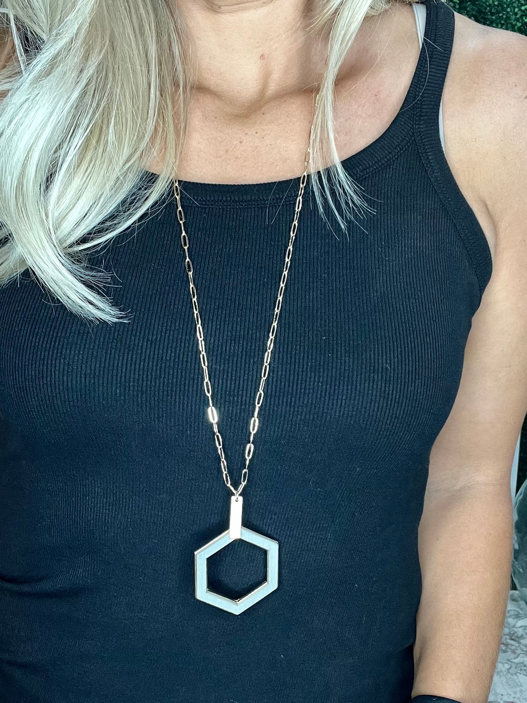 Hexagon and Matte Gold Bar Pendant Long Necklace, Grey