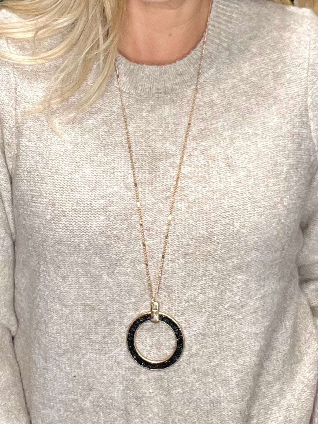 Open Circle Crystal Long Necklace, Black