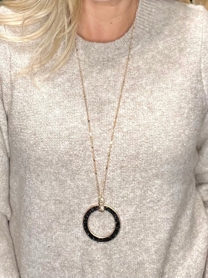 Open Circle Crystal Long Necklace, Black