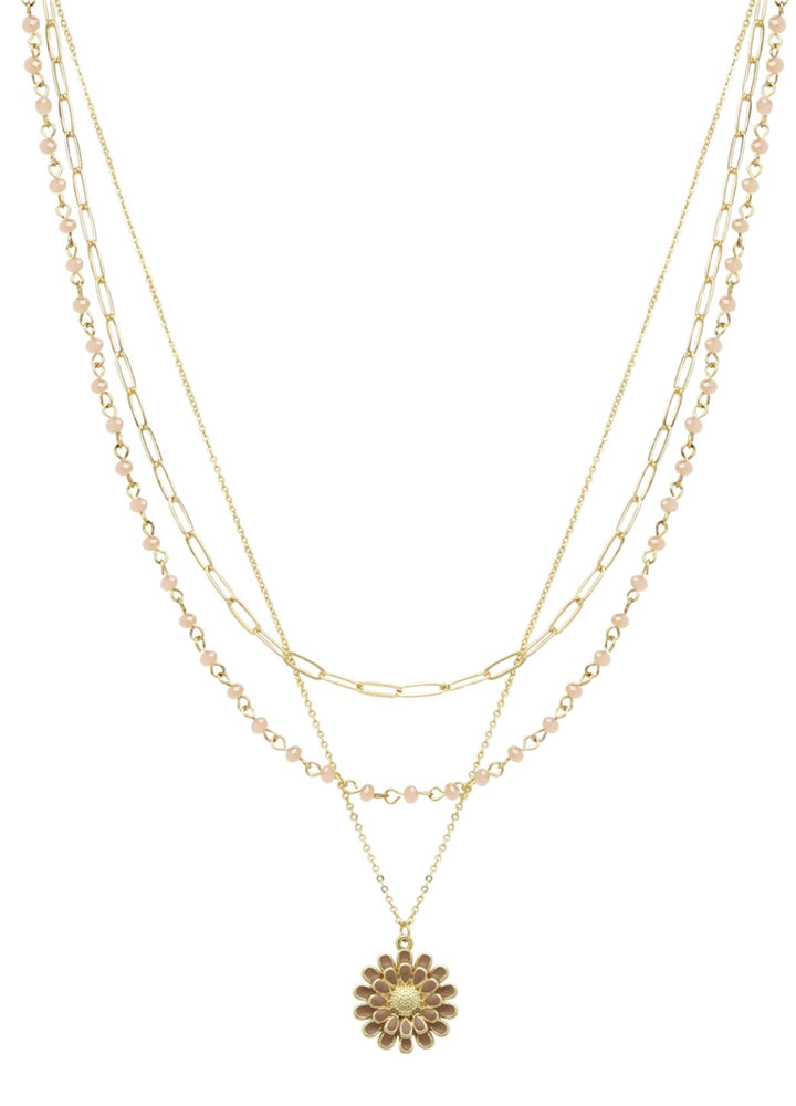 Triple Layer with Crystal Chain Flower Pendant Necklace, Pink