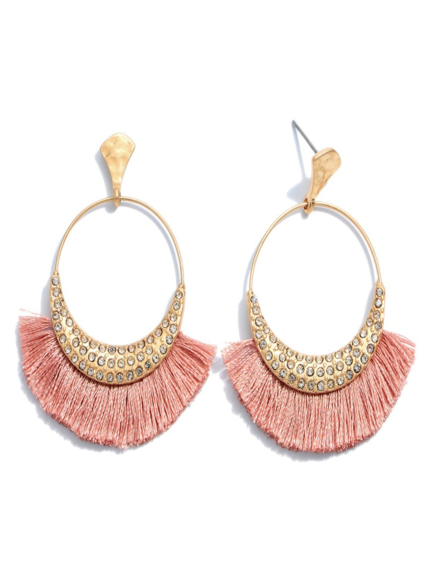 Gold Rhinestone Fringe Tassel Drop Earrings, Dusty Pink