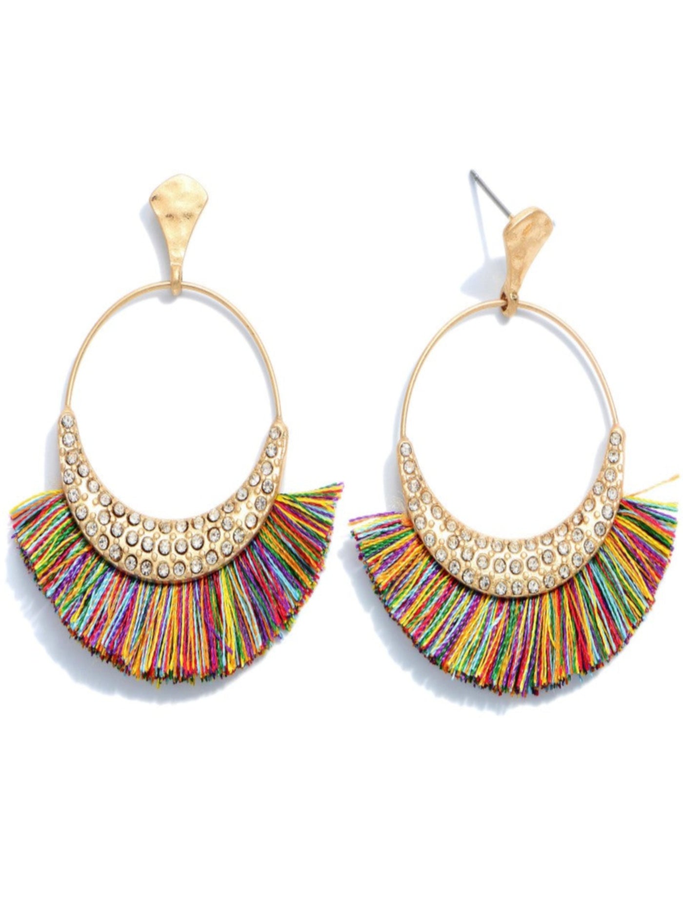 Gold Rhinestone Fringe Tassel Drop Earrings, Multi Color