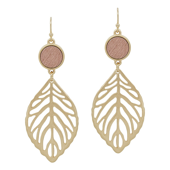 Brown Wood Circle with Leaf Drop Earrings, Matte Gold