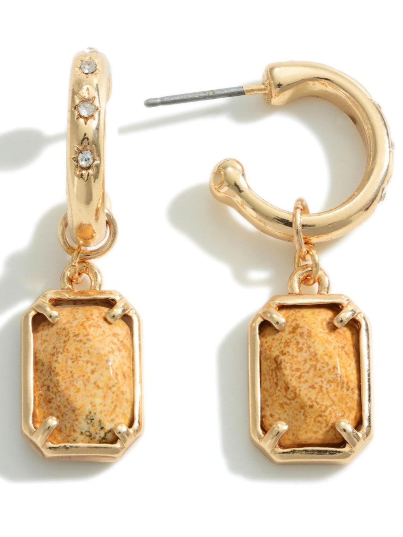 Gold Huggie Hoop Earring with Semi Precious Stone, Picture Jasper