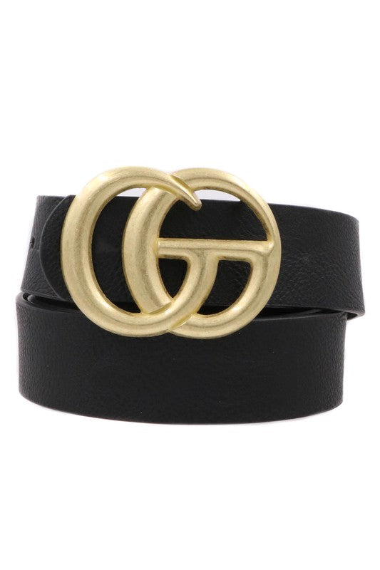 Faux Leather Belt with Gold CG Buckle, Black