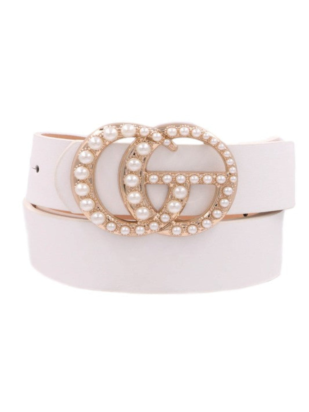 CG Faux Leather Belt, White w/Pearl Accent Gold Buckle