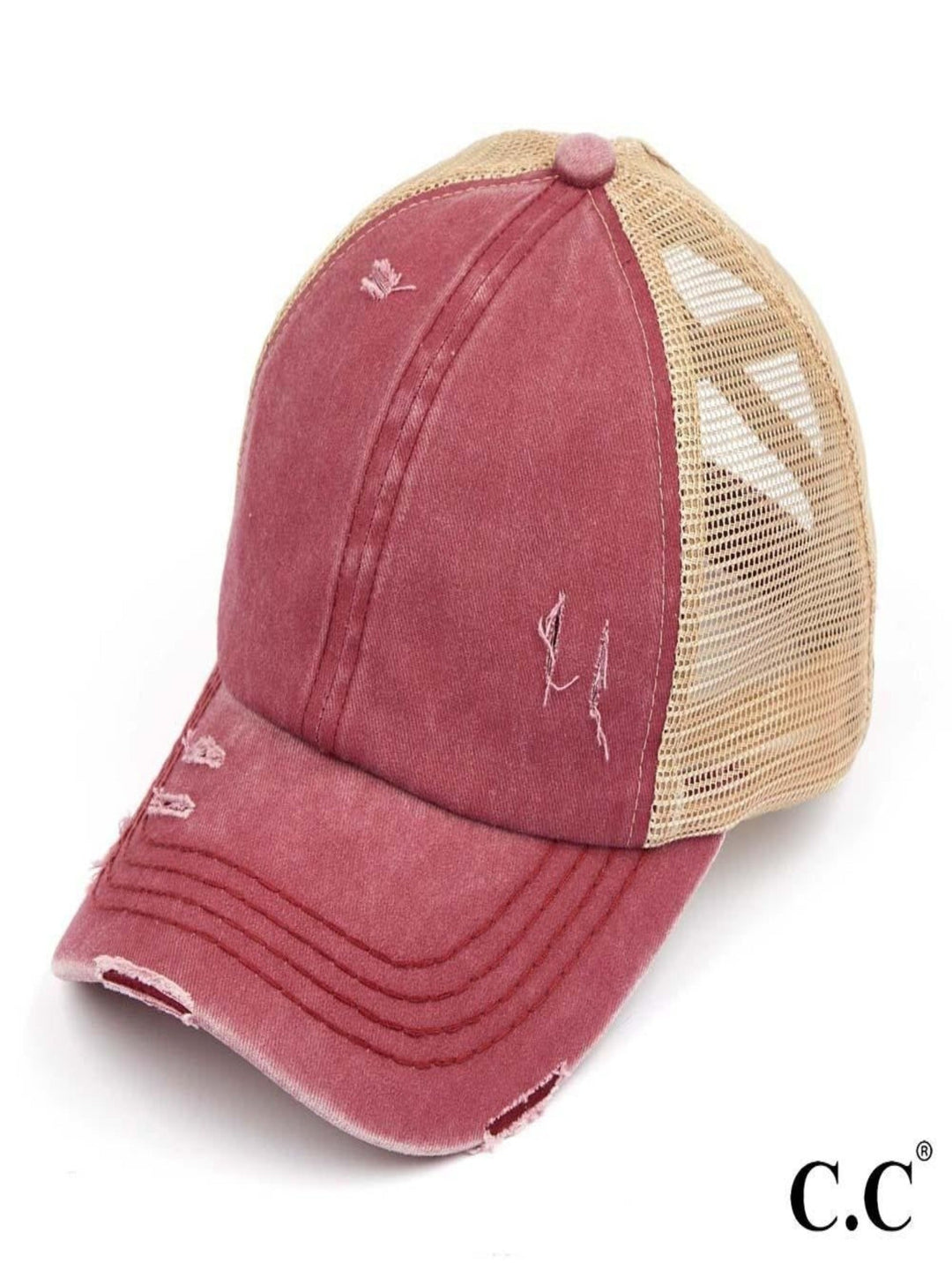 Distressed Washed Criss Cross Ladder Ponytail Hat, Berry