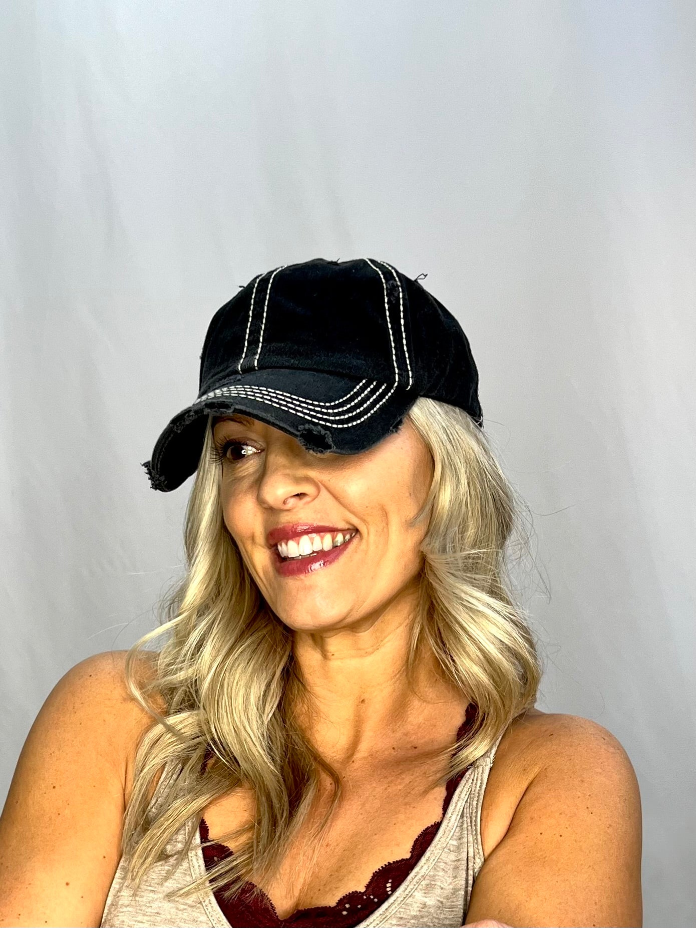Vintage Distressed Baseball Hat in Black with White Stitching, Black